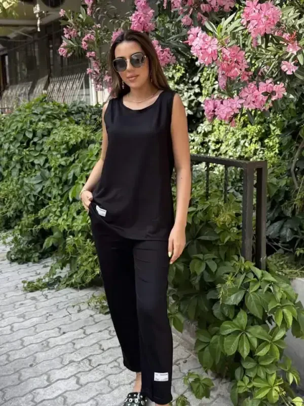 Women's Tank Top Round Neck Viscose Two Thread Blouse And Sweatpants Set - 3