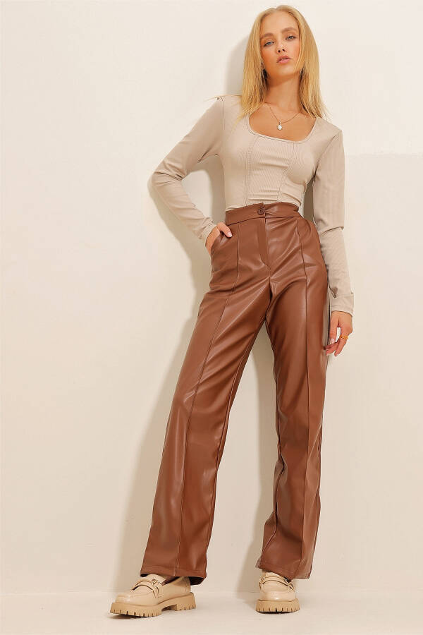 Women's Taupe Front Pleated Double Pocket Faux Leather Palazzo Pants ALC-X10787 - 1