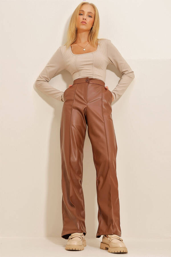 Women's Taupe Front Pleated Double Pocket Faux Leather Palazzo Pants ALC-X10787 - 3