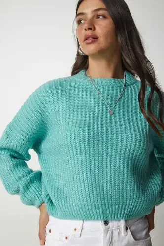 Women's Teal Balloon Sleeve Basic Knit Sweater BV00098-Teal - 1
