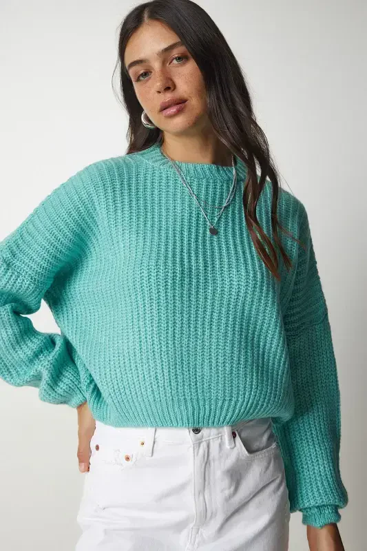 Women's Teal Balloon Sleeve Basic Knit Sweater BV00098-Teal - 2
