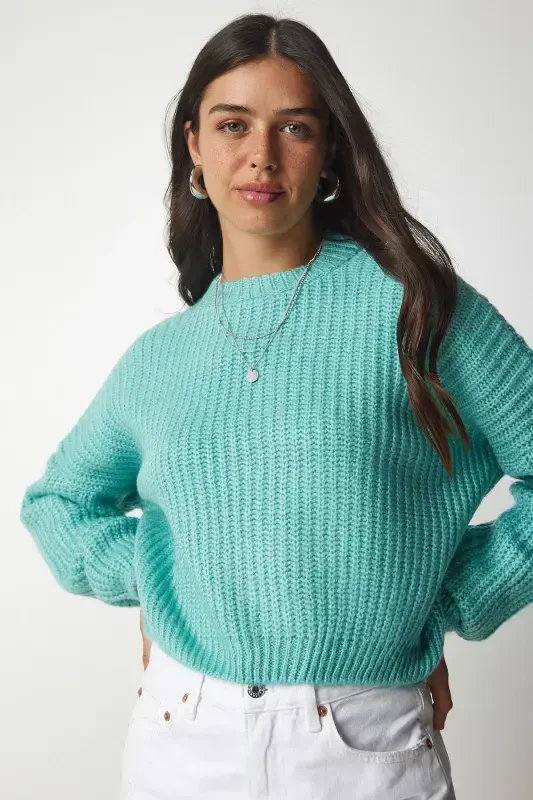 Women's Teal Balloon Sleeve Basic Knit Sweater BV00098-Teal - 3