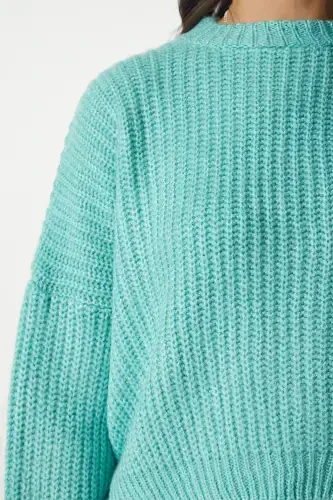 Women's Teal Balloon Sleeve Basic Knit Sweater BV00098-Teal - 4