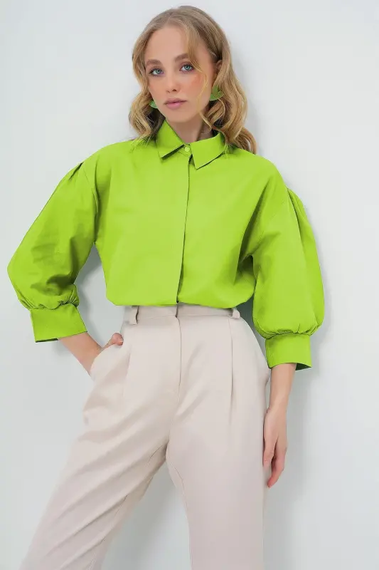 Women's Teal Balloon Sleeve Hidden Placket Basic Poplin Shirt ALC-X9654-TEAL - 1