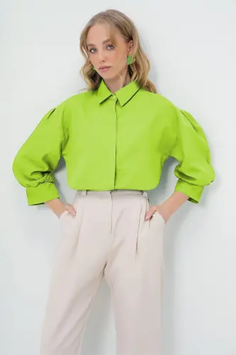 Women's Teal Balloon Sleeve Hidden Placket Basic Poplin Shirt ALC-X9654-TEAL - TREND ALAÇATI STILI (1)