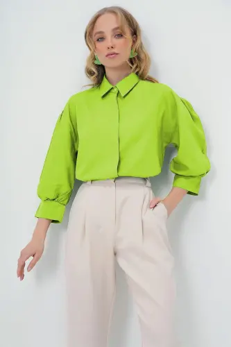 Women's Teal Balloon Sleeve Hidden Placket Basic Poplin Shirt ALC-X9654-TEAL - 3