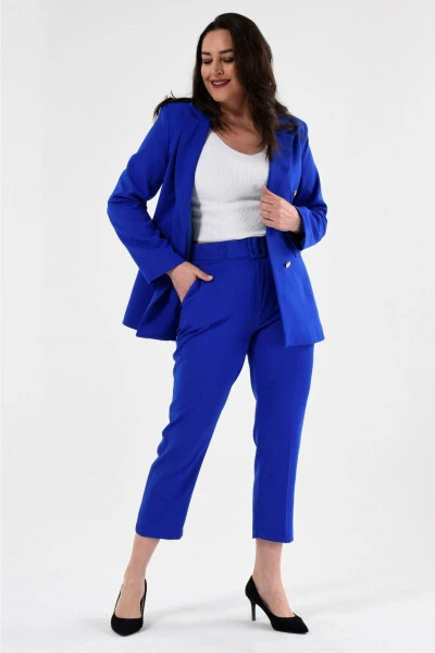 Women's Teal Blazer Jacket with Belt, Pockets and Wide Leg Trousers Plus Size Suit - GENEL MARKALAR (1)