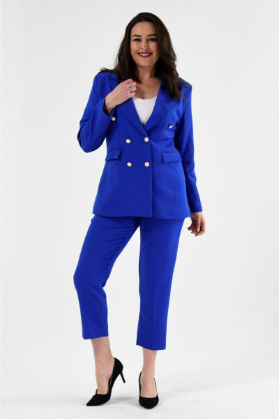 Women's Teal Blazer Jacket with Belt, Pockets and Wide Leg Trousers Plus Size Suit - SİZ