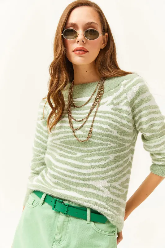 Women's Teal Boat Neck Zebra Soft Textured Fuzzy Sweater - 1