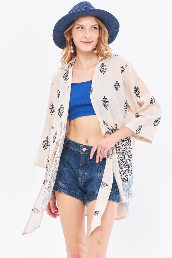 Women's Teal-Colored Patterned Linen-Look Skirt - 4