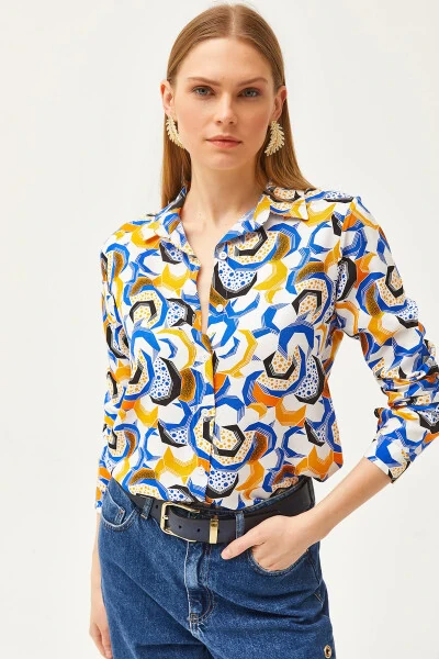 Women's Teal Geometric Patterned Woven Shirt GML-19001174 - OLALOOK