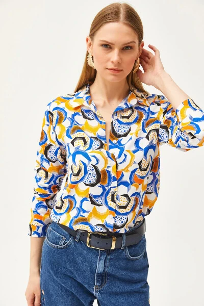 Women's Teal Geometric Patterned Woven Shirt GML-19001174 - 3