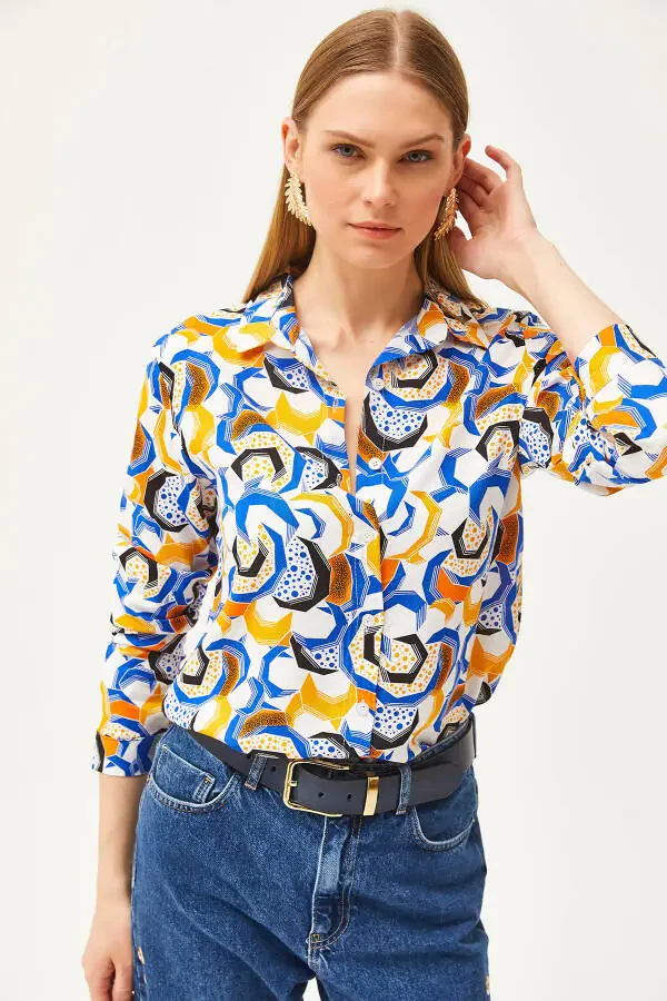 Women's Teal Geometric Patterned Woven Shirt GML-19001174 - 3