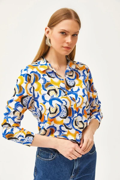 Women's Teal Geometric Patterned Woven Shirt GML-19001174 - 4