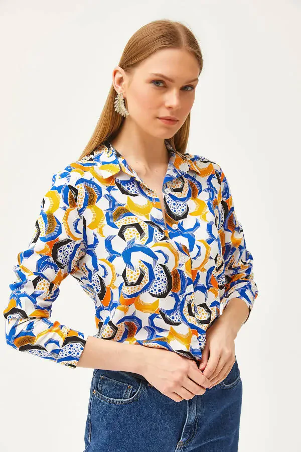 Women's Teal Geometric Patterned Woven Shirt GML-19001174 - 4