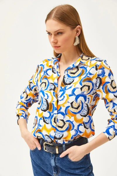 Women's Teal Geometric Patterned Woven Shirt GML-19001174 - 5