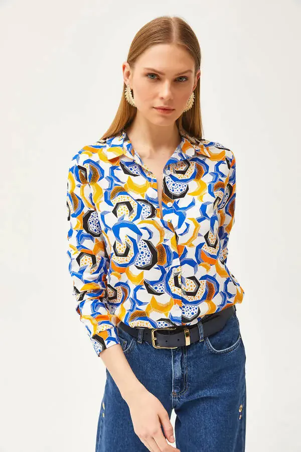 Women's Teal Geometric Patterned Woven Shirt GML-19001174 - 6