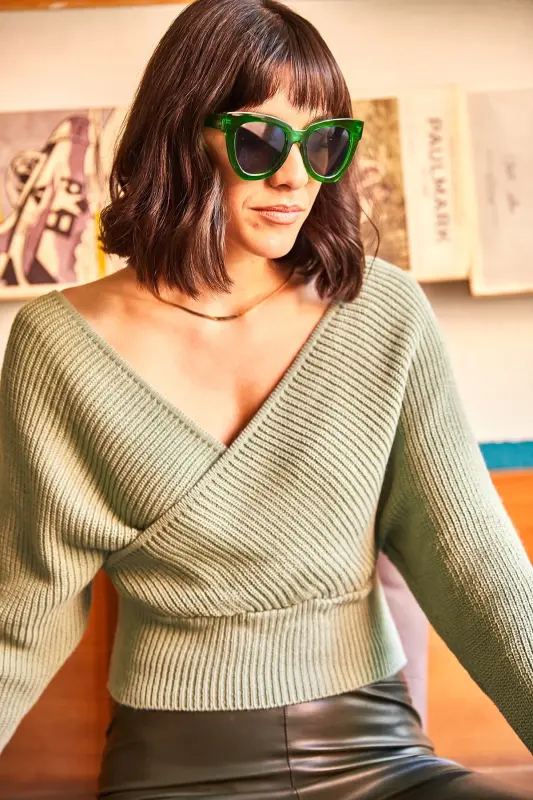 Women's Teal Green Front Back Crossover Waist Crop Knitwear Sweater KZK-19000076-Teal Green - 4