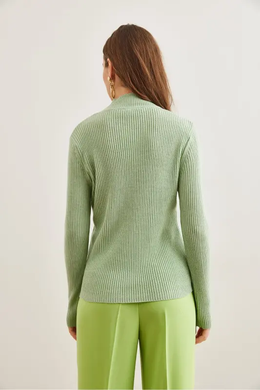 Women's Teal Green Half Turtleneck Zigzag Textured Soft Knit Sweater KZK-19000447-Teal Green - 2