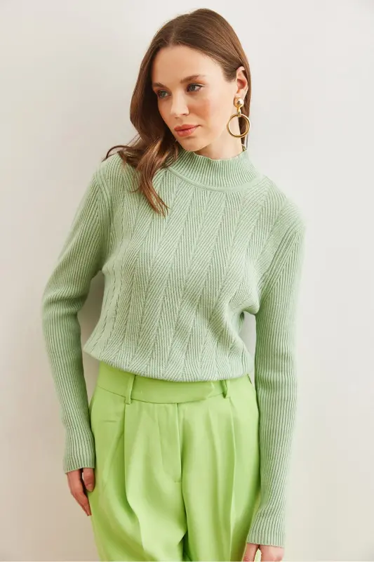 Women's Teal Green Half Turtleneck Zigzag Textured Soft Knit Sweater KZK-19000447-Teal Green - 4