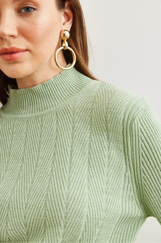 Women's Teal Green Half Turtleneck Zigzag Textured Soft Knit Sweater KZK-19000447-Teal Green - 6