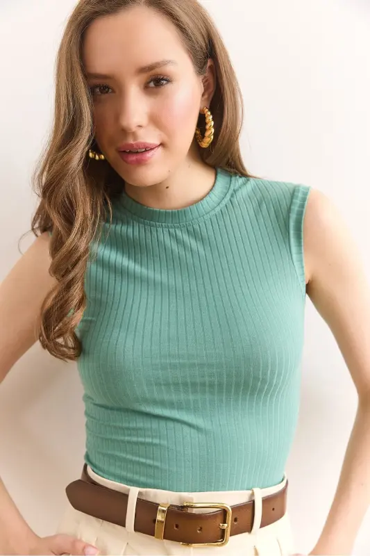 Women's Teal Green Stand-up Collar Sleeveless Lycra Blouse BL - 1