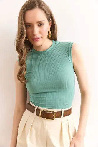 Women's Teal Green Stand-up Collar Sleeveless Lycra Blouse BL - 3