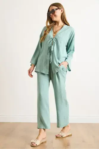 Women's Teal Green Tie Front Cardigan with Pockets - 1