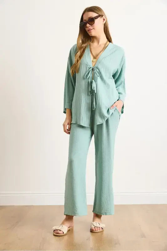 Women's Teal Green Tie Front Cardigan with Pockets - 2