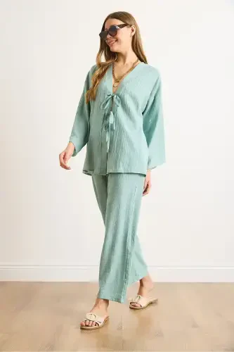 Women's Teal Green Tie Front Cardigan with Pockets - 3