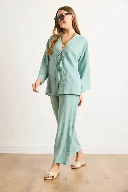 Women's Teal Green Tie Front Cardigan with Pockets - 3