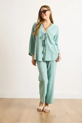Women's Teal Green Tie Front Cardigan with Pockets - 4