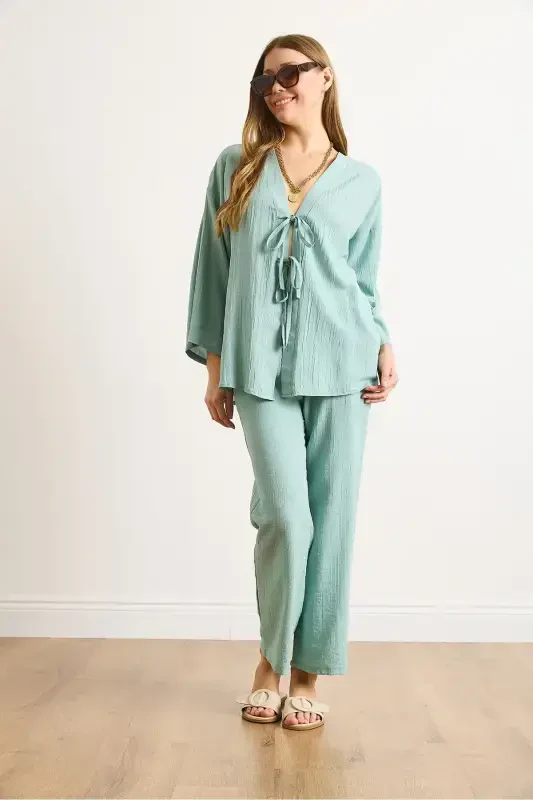 Women's Teal Green Tie Front Cardigan with Pockets - 4