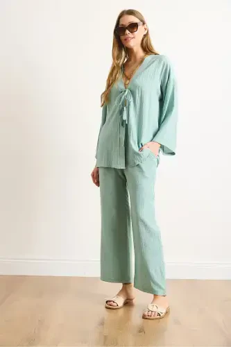 Women's Teal Green Tie Front Cardigan with Pockets - 5