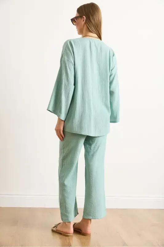 Women's Teal Green Tie Front Cardigan with Pockets - 7