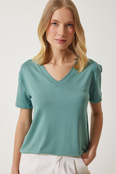 Women's Teal Green V-Neck Basic Viscose Knit T-Shirt - 2