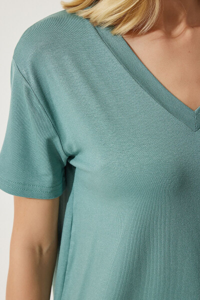 Women's Teal Green V-Neck Basic Viscose Knit T-Shirt - 3