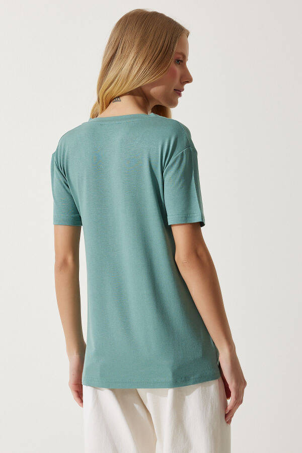 Women's Teal Green V-Neck Basic Viscose Knit T-Shirt - 4