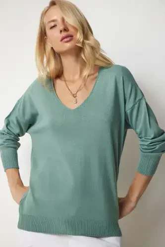 Women's Teal Green V-Neck Fine Knit Sweater PN00078-Teal Green - 1