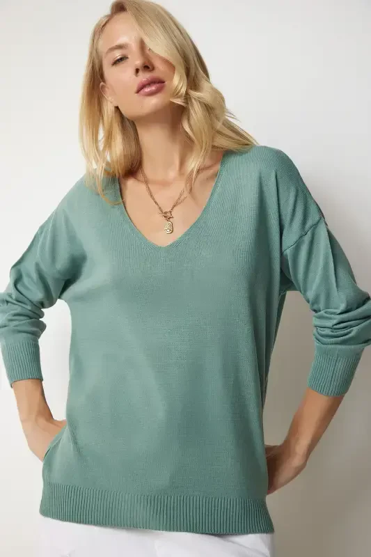 Women's Teal Green V-Neck Fine Knit Sweater PN00078-Teal Green - HAPPINESS İSTANBUL