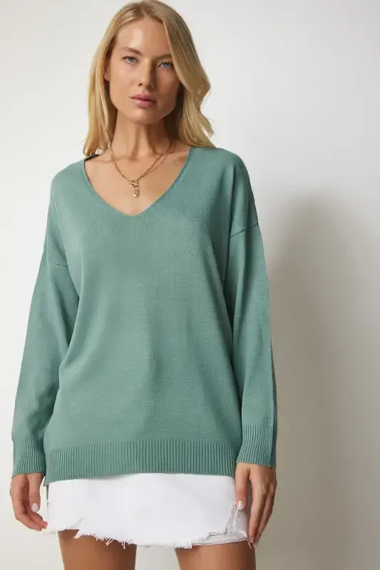 Women's Teal Green V-Neck Fine Knit Sweater PN00078-Teal Green - 2
