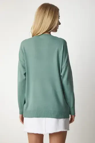Women's Teal Green V-Neck Fine Knit Sweater PN00078-Teal Green - 5