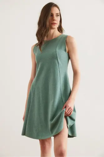 Women's Teal Patchwork Knit Flared Dress DR-19 - 3