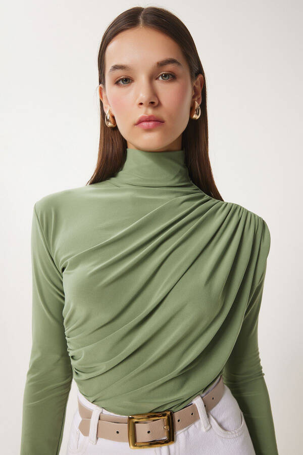 Women's Teal Ruched Detail Stand-up Collar Sandy Blouse FF00135 - 1