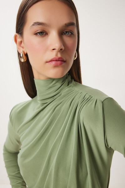Women's Teal Ruched Detail Stand-up Collar Sandy Blouse FF00135 - HAPPINESS İSTANBUL (1)