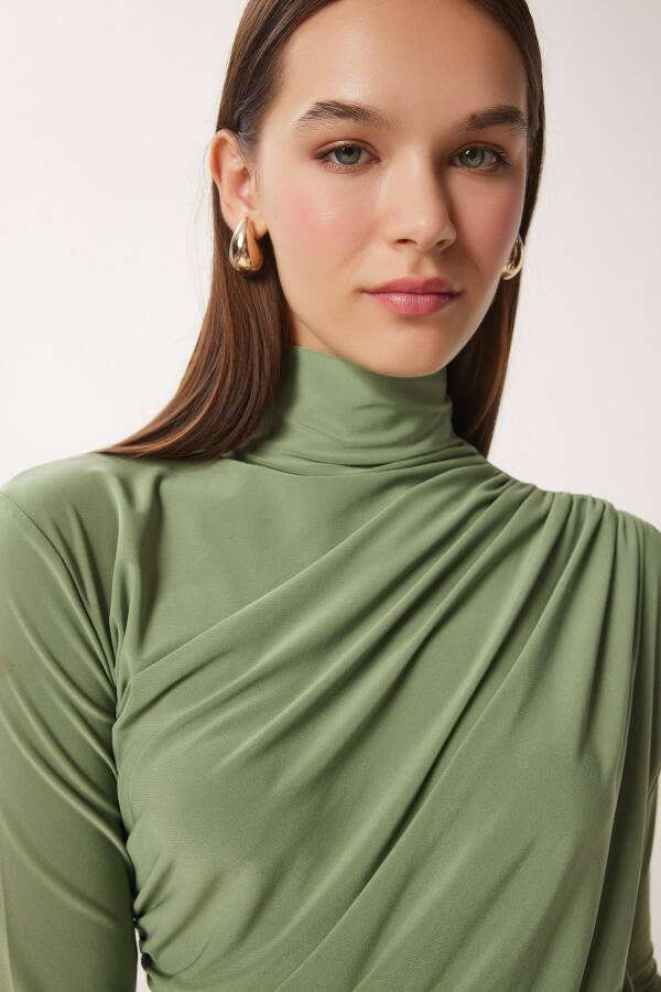Women's Teal Ruched Detail Stand-up Collar Sandy Blouse FF00135 - 3