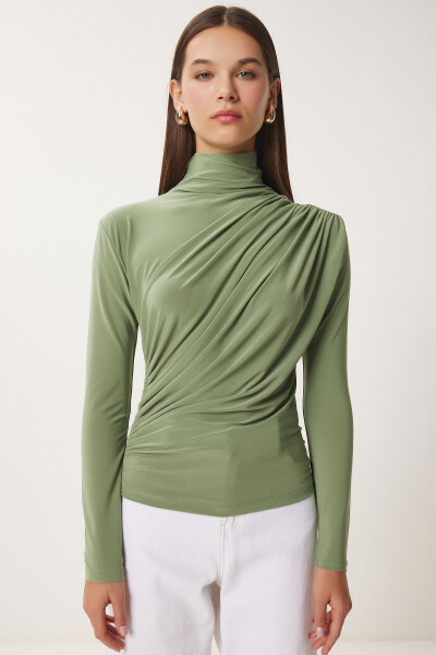 Women's Teal Ruched Detail Stand-up Collar Sandy Blouse FF00135 - 5