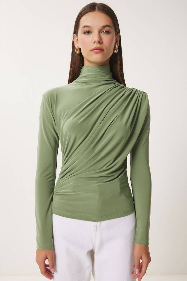 Women's Teal Ruched Detail Stand-up Collar Sandy Blouse FF00135 - 5