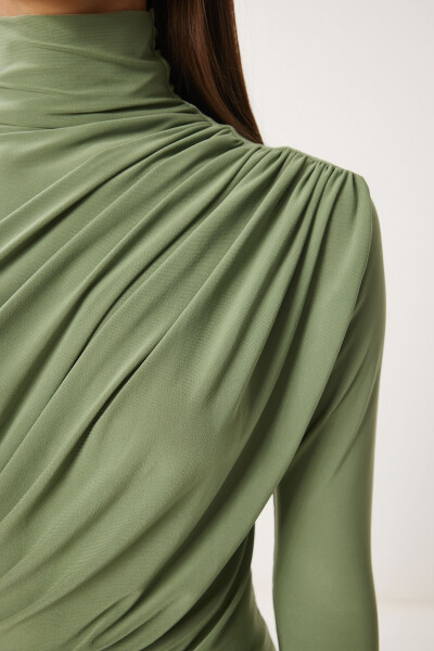 Women's Teal Ruched Detail Stand-up Collar Sandy Blouse FF00135 - 7