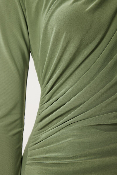 Women's Teal Ruched Detail Stand-up Collar Sandy Blouse FF00135 - 8